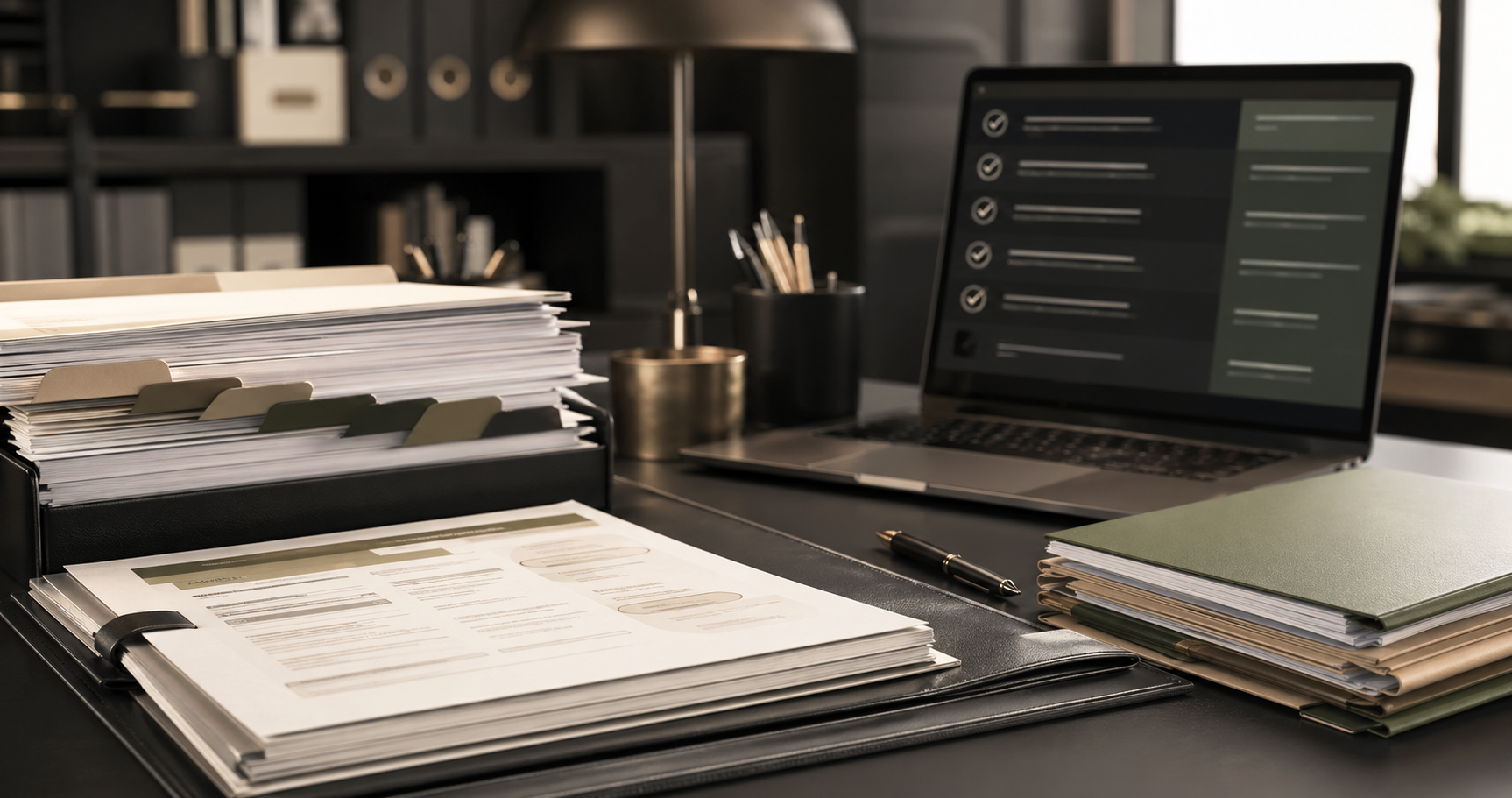 Bankruptcy preparation support documents organized in a refined law office workspace