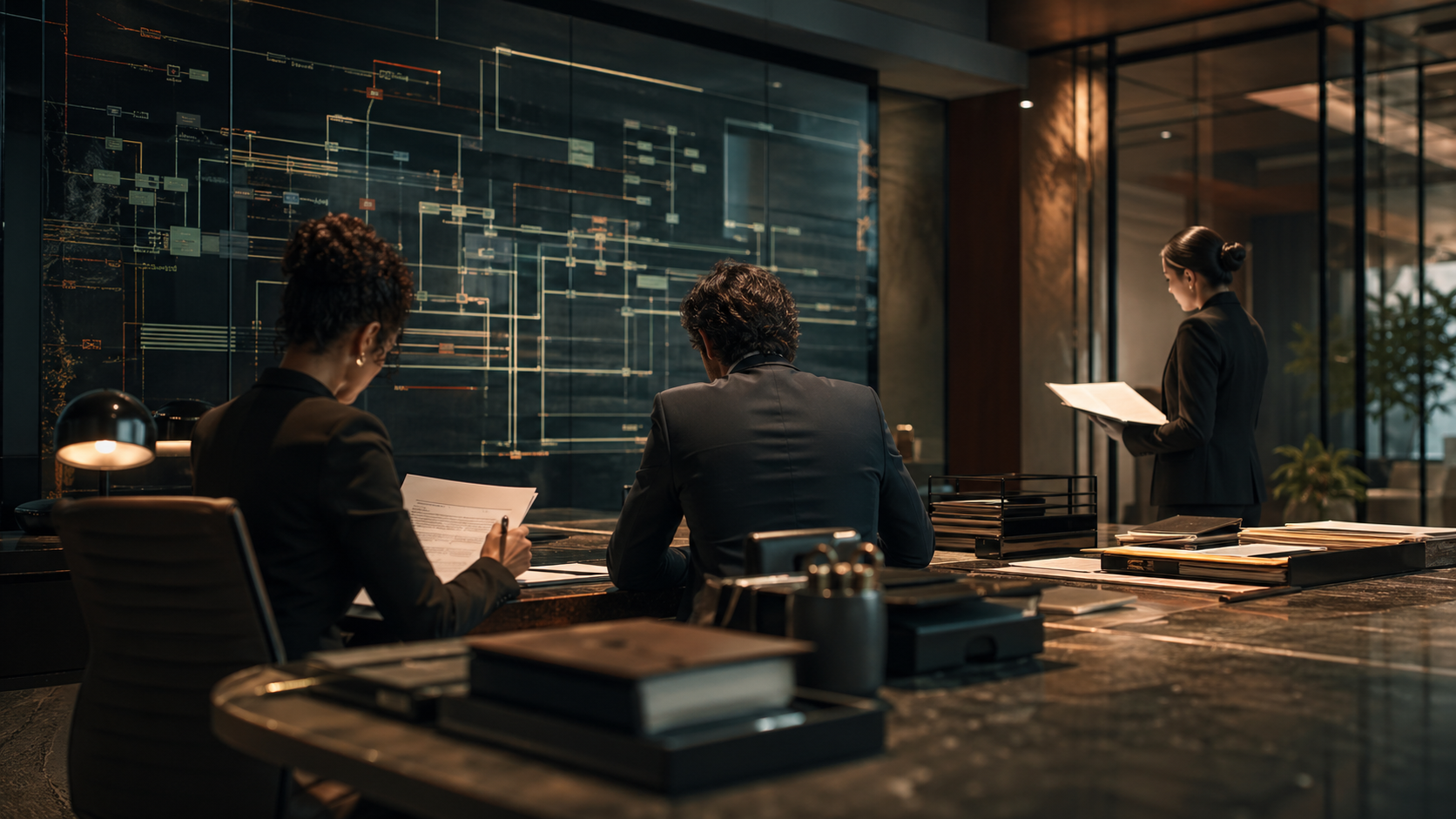 Professional default resolution team coordinating documents and workflow strategy