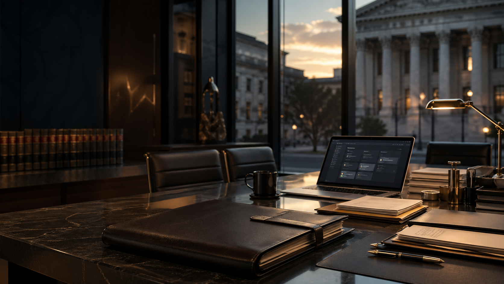 Premium legal operations room with organized default case files and secure workflow dashboard
