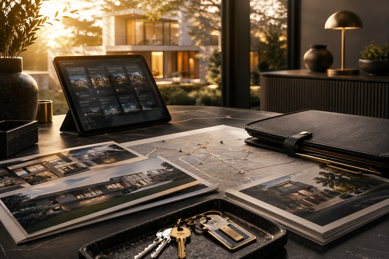 Sophisticated distressed property coordination desk with portfolio documents and property keys